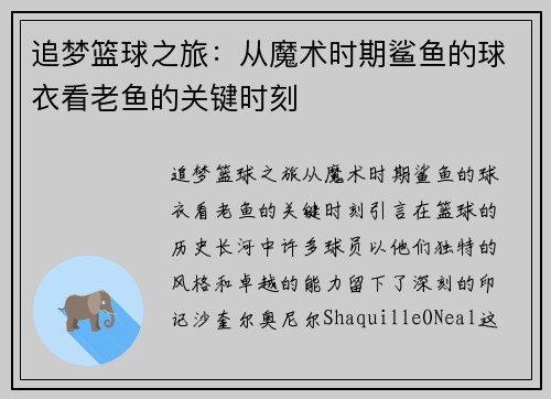 追梦篮球之旅：从魔术时期鲨鱼的球衣看老鱼的关键时刻