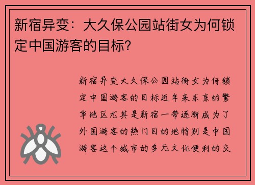 新宿异变：大久保公园站街女为何锁定中国游客的目标？