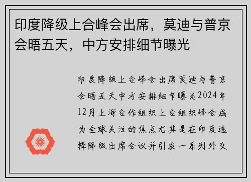 印度降级上合峰会出席，莫迪与普京会晤五天，中方安排细节曝光