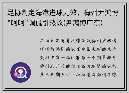 足协判定海港进球无效，梅州尹鸿博“呵呵”调侃引热议(尹鸿博广东)